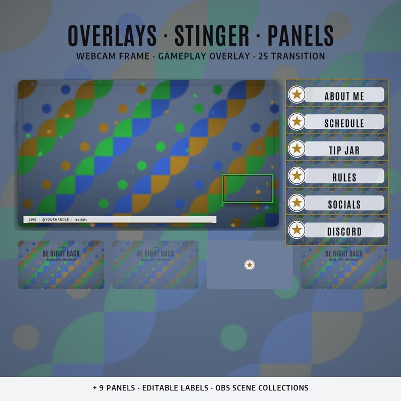 May include: A digital streaming overlay set featuring a blue, green, and gold geometric pattern. Includes a webcam frame, gameplay overlay, and six rectangular panels labelled About Me, Schedule, Tip Jar, Rules, Socials, and Discord.