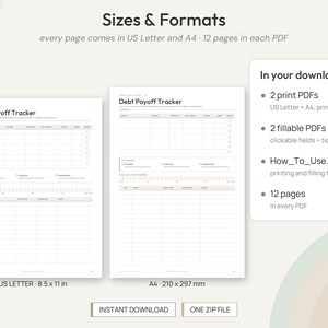 May include: A digital debt payoff tracker template featuring two page layouts labeled US Letter 8.5 x 11 in and A4 210 x 297 mm. The document includes sections for tracking balances, payments, and progress with checkboxes and fillable fields.