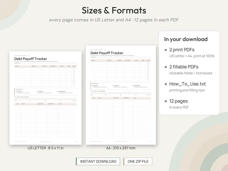 May include: A digital debt payoff tracker template featuring two page layouts labeled US Letter 8.5 x 11 in and A4 210 x 297 mm. The document includes sections for tracking balances, payments, and progress with checkboxes and fillable fields.