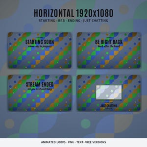 May include: A set of four digital stream overlay screens featuring a blue background with a repeating pattern of diagonal green, blue, and gold circles. Text includes STARTING SOON, BE RIGHT BACK, STREAM ENDED, and JUST CHATTING.