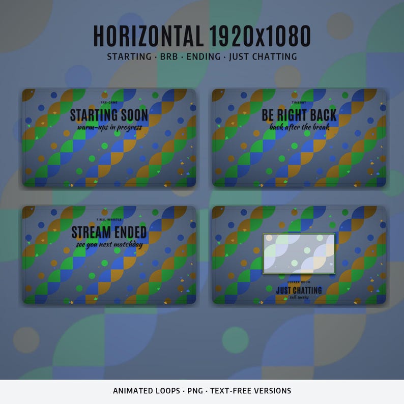 May include: A set of four digital stream overlay screens featuring a blue background with a repeating pattern of diagonal green, blue, and gold circles. Text includes STARTING SOON, BE RIGHT BACK, STREAM ENDED, and JUST CHATTING.