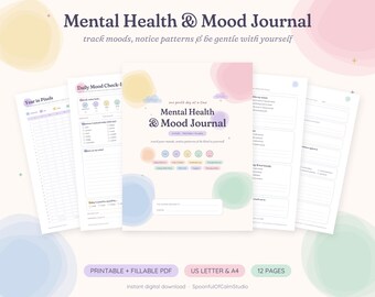 May include: A Mental Health & Mood Journal printable PDF with pastel watercolor accents. The cover features the title, five mood icons, and text including one month day at a time, track your moods, notice patterns & be kind in yourself.