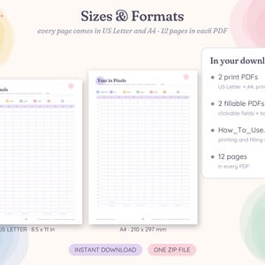 May include: A Year in Pixels digital tracker template featuring two document layouts, US Letter 8.5 x 11 inches and A4 210 x 297 mm. The graphic displays 12-page PDF contents, including print and fillable versions with clickable fields.