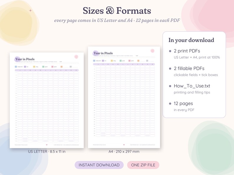 May include: A Year in Pixels digital tracker template featuring two document layouts, US Letter 8.5 x 11 inches and A4 210 x 297 mm. The graphic displays 12-page PDF contents, including print and fillable versions with clickable fields.