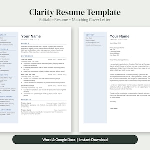 Puede incluir: Una plantilla de curr&iacute;culum Clarity que incluye un curr&iacute;culum editable y una carta de presentaci&oacute;n a juego. El documento contiene secciones para informaci&oacute;n de contacto, habilidades clave, educaci&oacute;n, certificaciones, voluntariado, perfil, experiencia y proyectos.