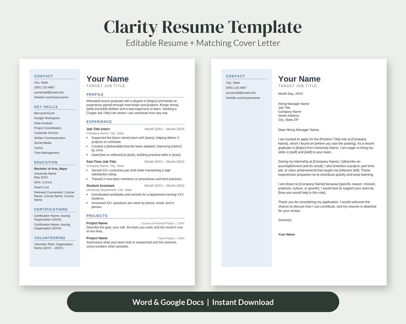 Puede incluir: Una plantilla de curr&iacute;culum Clarity que incluye un curr&iacute;culum editable y una carta de presentaci&oacute;n a juego. El documento contiene secciones para informaci&oacute;n de contacto, habilidades clave, educaci&oacute;n, certificaciones, voluntariado, perfil, experiencia y proyectos.