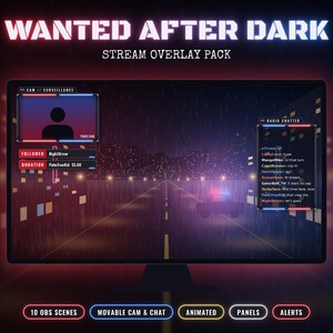 Puede incluir: Un paquete de superposici&oacute;n de transmisi&oacute;n Wanted After Dark en un monitor, con un fondo de calle urbana oscura y lluviosa, un coche de polic&iacute;a, una ventana de vigilancia, un chat de radio y etiquetas para seguidores y donaciones.