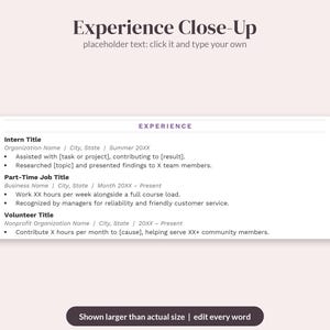 Op de afbeelding: Een cv-sjabloongedeelte getiteld Experience Close-Up met tijdelijke aanduidingstekst. Het document bevat velden voor Intern Title, Part-Time Job Title en Volunteer Title, met opsommingstekens voor beschrijvingen. De tekst luidt edit every word.