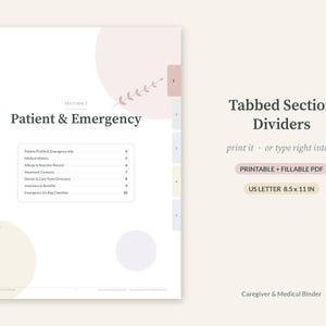 K&ouml;nnte beinhalten: Eine druckbare und ausf&uuml;llbare Trennblattseite f&uuml;r Patienten- und Notfallordner im Format 21,59 x 27,94 cm. Das wei&szlig;e Dokument zeigt pastellfarbene Kreise, botanische Linienzeichnungen und f&uuml;nf farbige Registerkarten mit den Nummern 1 bis 5 sowie den Text Patient & Emergency.