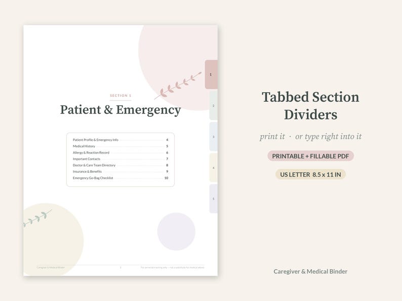 K&ouml;nnte beinhalten: Eine druckbare und ausf&uuml;llbare Trennblattseite f&uuml;r Patienten- und Notfallordner im Format 21,59 x 27,94 cm. Das wei&szlig;e Dokument zeigt pastellfarbene Kreise, botanische Linienzeichnungen und f&uuml;nf farbige Registerkarten mit den Nummern 1 bis 5 sowie den Text Patient & Emergency.