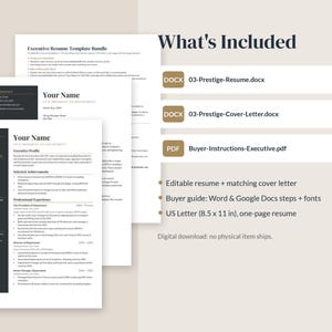 Pu&ograve; includere: Un pacchetto di modelli di curriculum digitale che include un curriculum di una pagina e una lettera di presentazione in formato 21,59 x 27,94 cm. Include i file 03-Prestige-Resume.docx, 03-Prestige-Cover-Letter.docx e Buyer-Instructions-Executive.pdf.