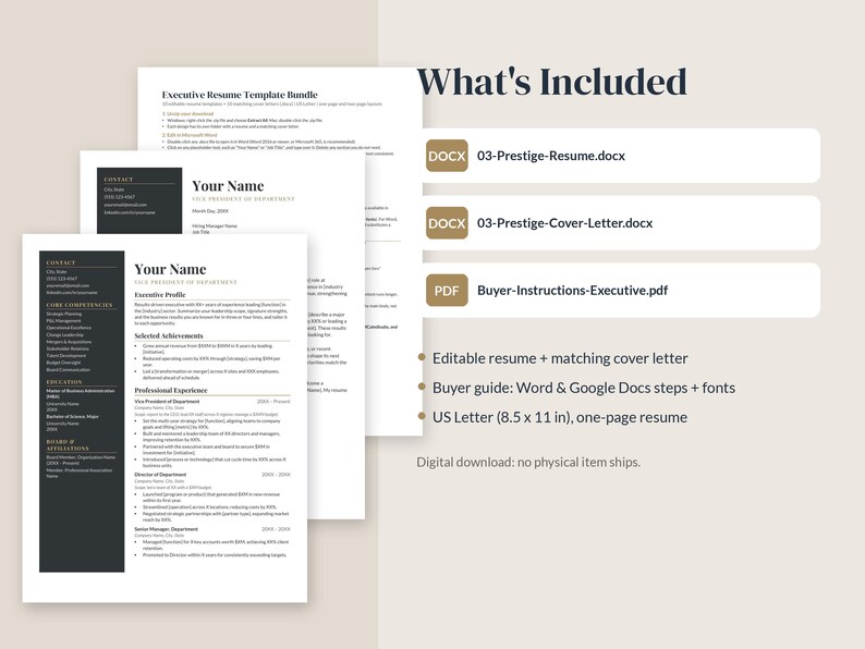 Pu&ograve; includere: Un pacchetto di modelli di curriculum digitale che include un curriculum di una pagina e una lettera di presentazione in formato 21,59 x 27,94 cm. Include i file 03-Prestige-Resume.docx, 03-Prestige-Cover-Letter.docx e Buyer-Instructions-Executive.pdf.