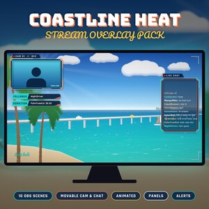 Puede incluir: Un monitor de computadora muestra un paquete de superposici&oacute;n de transmisi&oacute;n Coastline Heat con una escena de playa, un puente, palmeras y agua azul. La interfaz incluye un marco de c&aacute;mara, seguidores, donaciones y un chat en vivo.