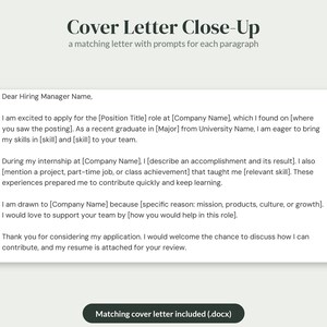 K&ouml;nnte beinhalten: Eine digitale Dokumentvorlage mit dem Titel Cover Letter Close-Up, die einen passenden Brief mit Eingabeaufforderungen f&uuml;r jeden Absatz enth&auml;lt. Der Text enth&auml;lt Platzhalter wie Position Title, Company Name und Major. Ein Button darunter zeigt Matching cover letter included (.docx).