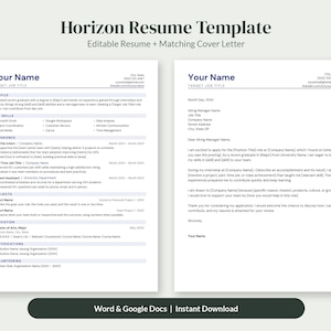 May include: A Horizon Resume Template featuring an editable resume and matching cover letter. The document includes sections for profile, key skills, experience, projects, education, certifications, and volunteering, compatible with Word and Google Docs.