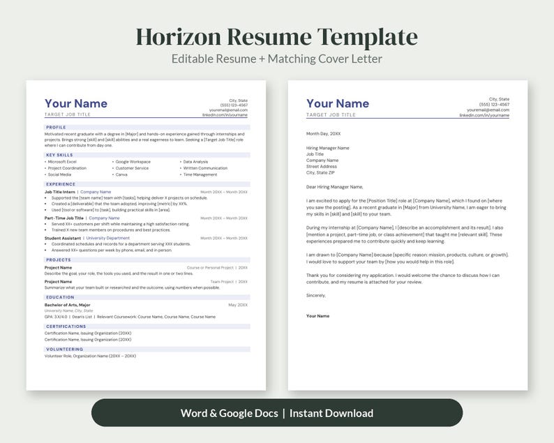 May include: A Horizon Resume Template featuring an editable resume and matching cover letter. The document includes sections for profile, key skills, experience, projects, education, certifications, and volunteering, compatible with Word and Google Docs.