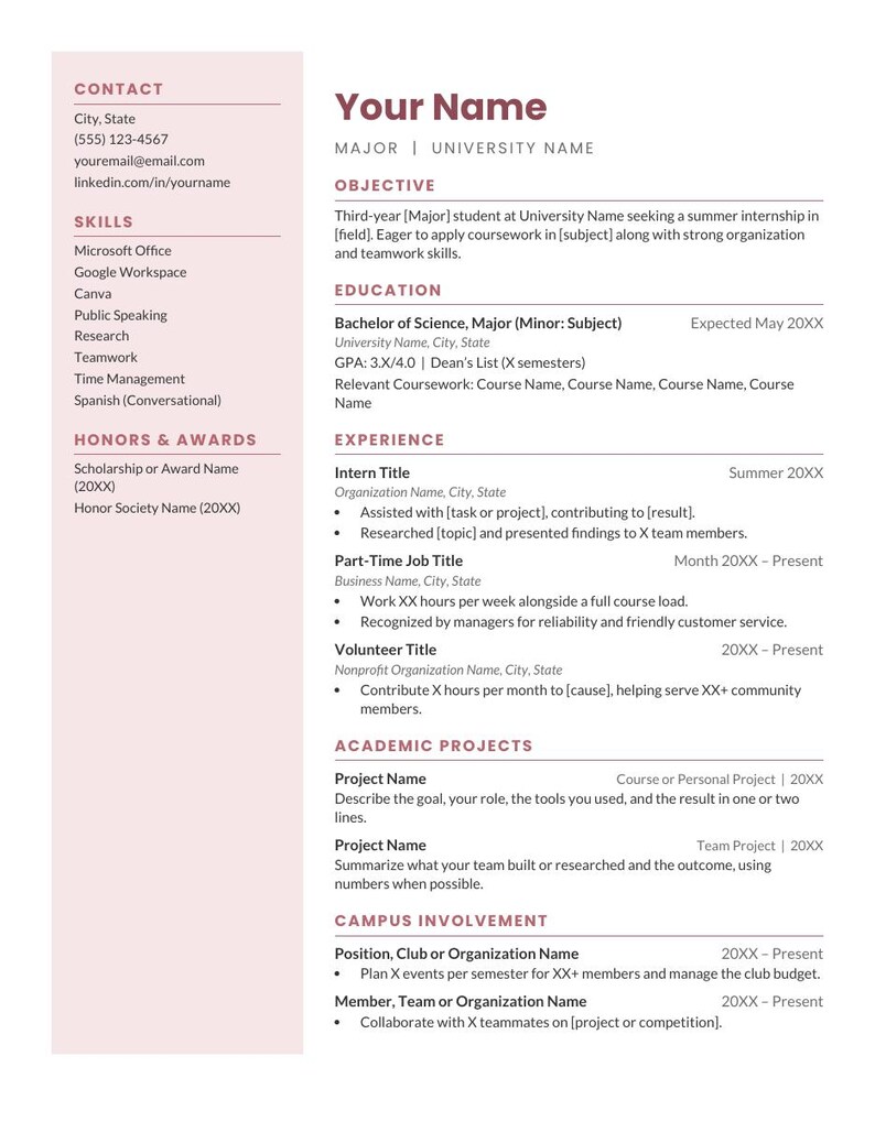Puede incluir: Una plantilla de curr&iacute;culum con un dise&ntilde;o de dos columnas, una barra lateral rosa claro a la izquierda y una secci&oacute;n principal blanca a la derecha. El documento incluye secciones para contacto, habilidades, premios, objetivo, educaci&oacute;n y experiencia.