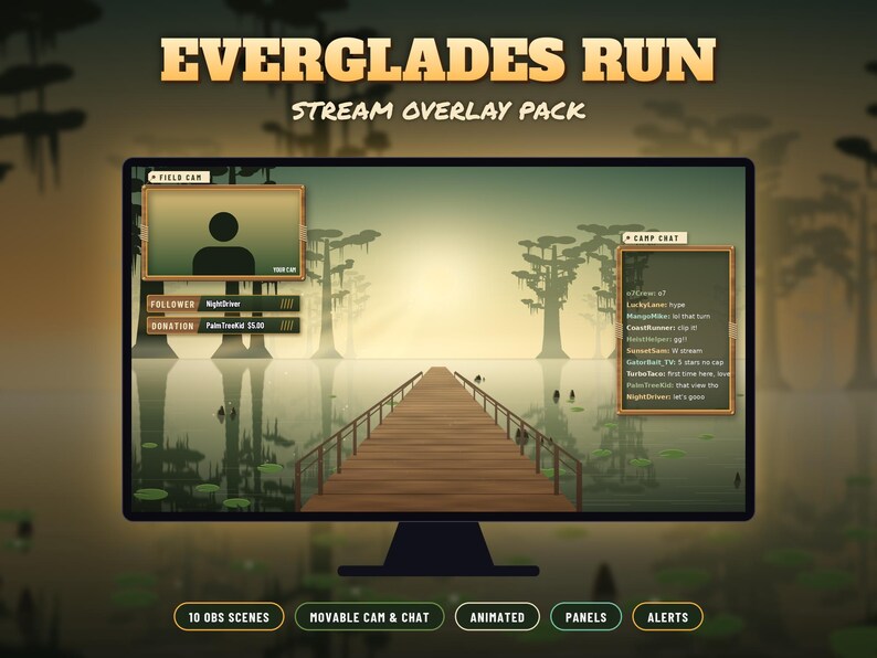 Puede incluir: Paquete de superposiciones de transmisi&oacute;n Everglades Run para OBS con un paisaje de pantano y un muelle de madera. Incluye una ventana Field Cam, una ventana Camp Chat, rastreadores de seguidores y donaciones, y etiquetas para 10 escenas OBS, c&aacute;mara y chat m&oacute;viles, paneles animados y alertas.