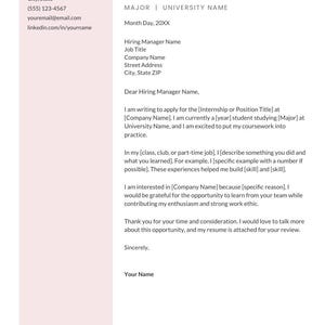 May include: A professional cover letter template featuring a light pink sidebar on the left with contact information and a white main section for the letter body. The text includes placeholders like Your Name, Major, and University Name.