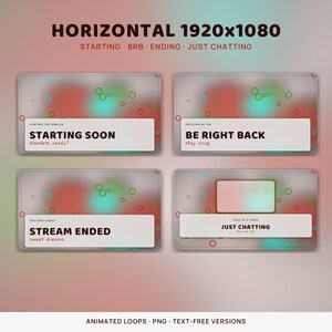 May include: A set of four digital stream overlay screens with a soft, blurred background featuring red and teal circles. The text includes 'STARTING SOON', 'BE RIGHT BACK', 'STREAM ENDED', and 'JUST CHATTING' with smaller sub-text phrases.