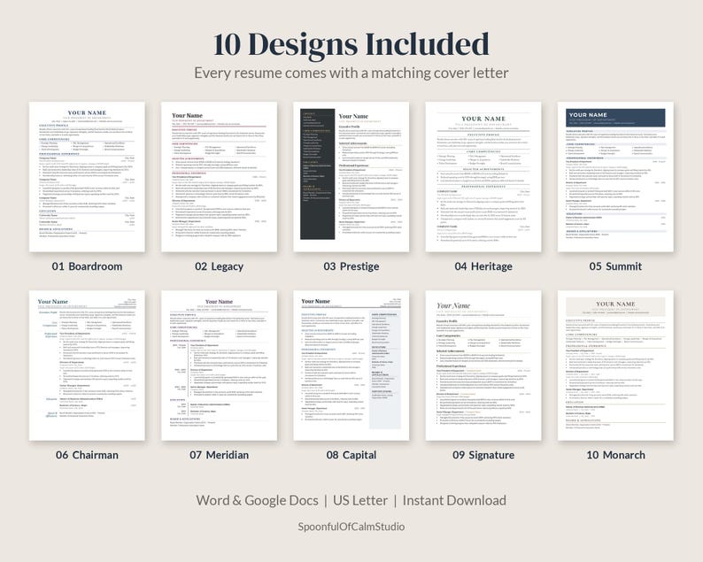 May include: A digital collection of 10 resume templates with matching cover letters, labeled 01 Boardroom through 10 Monarch. The text includes 10 Designs Included, Every resume comes with a matching cover letter, Word & Google Docs, US Letter, Instant Download, and SpoonfulOfCalmStudio.