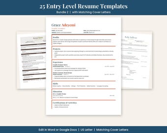 25 Entry Level Resume Templates with Cover Letters, Bundle 2, Word and Google Docs, Modern Professional CV