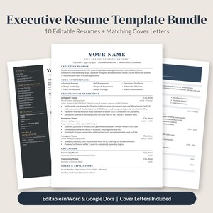 May include: Executive Resume Template Bundle featuring 10 editable resumes and matching cover letters. The documents display professional layouts with sections for contact info, executive profile, core competencies, experience, and education.