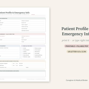 K&ouml;nnte beinhalten: Ein druckbares und ausf&uuml;llbares Patient Profile & Emergency Info Formular. Das Dokument enth&auml;lt Abschnitte f&uuml;r Patienteninformationen, Notfallkontakte, Gesundheits&uuml;bersichten, medizinische Bedingungen und Patientenverf&uuml;gungen.