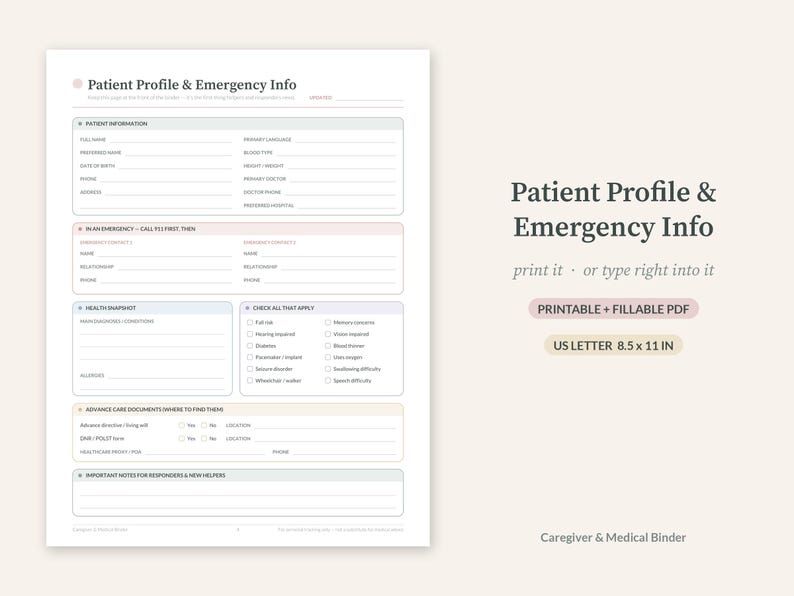 K&ouml;nnte beinhalten: Ein druckbares und ausf&uuml;llbares Patient Profile & Emergency Info Formular. Das Dokument enth&auml;lt Abschnitte f&uuml;r Patienteninformationen, Notfallkontakte, Gesundheits&uuml;bersichten, medizinische Bedingungen und Patientenverf&uuml;gungen.