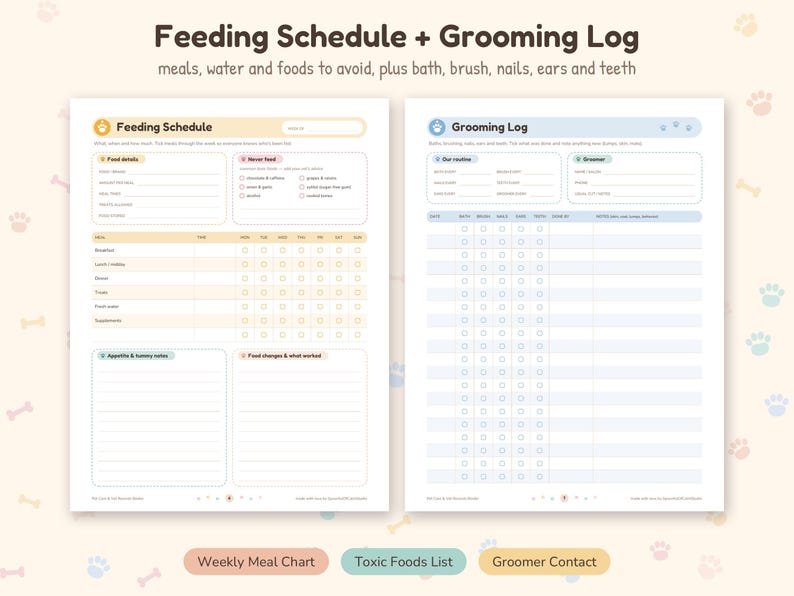 May include: A two-page printable pet care planner featuring a Feeding Schedule and Grooming Log. The Feeding Schedule includes sections for food details, a list of foods to never feed, a weekly meal chart, and notes. The Grooming Log tracks baths, brushes, nails, ears, and teeth.