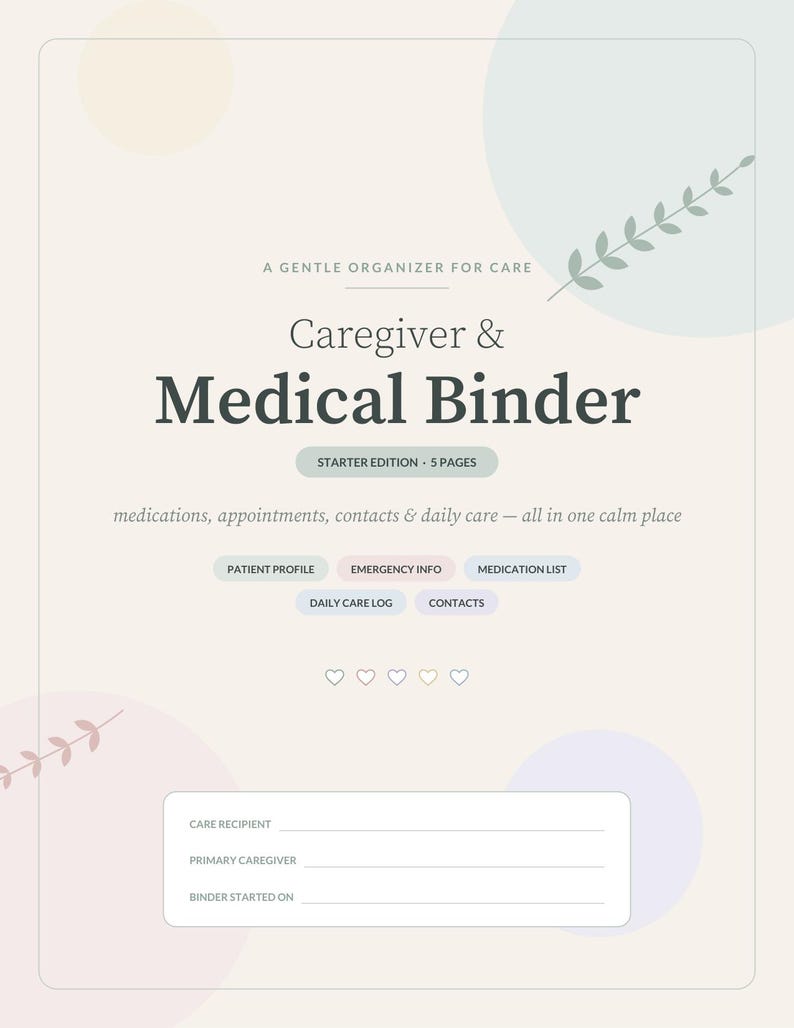 K&ouml;nnte beinhalten: Ein Caregiver & Medical Binder Starter-Edition mit 5 Seiten. Das Deckblatt enth&auml;lt den Text A GENTLE ORGANIZER FOR CARE, medications, appointments, contacts & daily care sowie Felder f&uuml;r Angaben zum Pflegeempf&auml;nger und Betreuer.