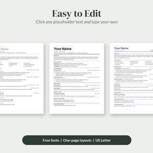 May include: Three resume templates displayed side-by-side on a light background. Each document features sections for contact information, profile, key skills, experience, projects, education, certifications, and volunteering. Text reads Easy to Edit, Click any placeholder text and type your own, Free fonts, One-page layouts, and US Letter.
