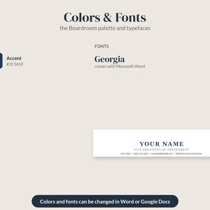 May include: A design guide titled Colors & Fonts the Boardroom palette and typefaces. It displays a dark blue accent color #1F3A5F, the Georgia font, and a business card template with the text YOUR NAME, VICE PRESIDENT OF DEPARTMENT.