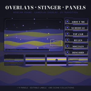May include: A digital streaming overlay set featuring a dark purple and yellow wavy pattern with scattered light dots. Includes a large webcam frame, six rectangular panels labeled About Me, Schedule, Tip Jar, Rules, Socials, and Discord, plus four transition screens.