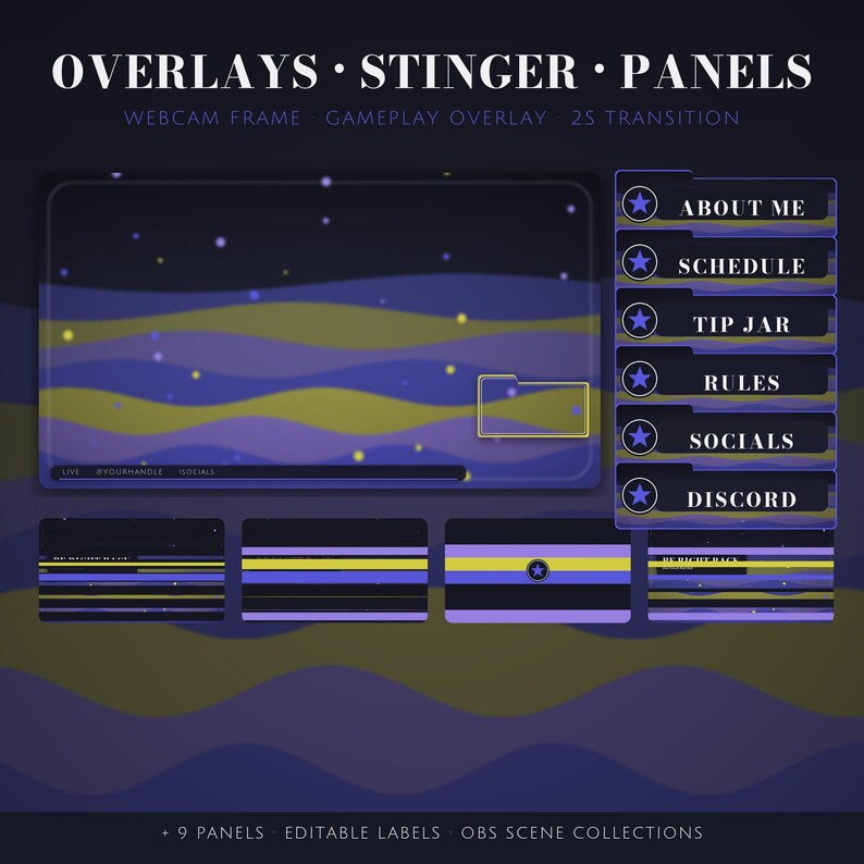 May include: A digital streaming overlay set featuring a dark purple and yellow wavy pattern with scattered light dots. Includes a large webcam frame, six rectangular panels labeled About Me, Schedule, Tip Jar, Rules, Socials, and Discord, plus four transition screens.