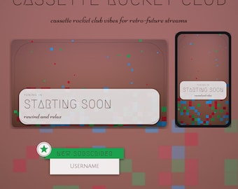 May include: A digital stream overlay set titled CASSETTE ROCKET CLUB featuring a brown background with scattered red, blue, and green pixels. Includes STARTING SOON text boxes, a NEW SUBSCRIBER notification bar with a green star icon, and a placeholder for a username.