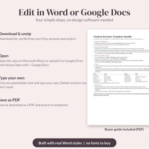 May include: An instructional graphic for a Student Resume Template Bundle. It outlines four steps: download and unzip, open in Microsoft Word or Google Docs, type your own text, and save as PDF. Includes a preview of the buyer guide document.