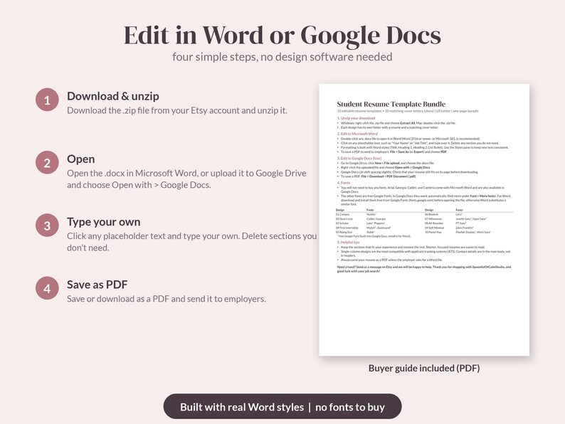 May include: An instructional graphic for a Student Resume Template Bundle. It outlines four steps: download and unzip, open in Microsoft Word or Google Docs, type your own text, and save as PDF. Includes a preview of the buyer guide document.