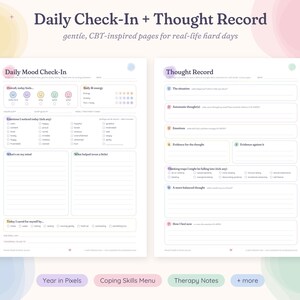 May include: Two printable pages titled Daily Check-In + Thought Record. The left page features a Daily Mood Check-In with emoji scales and emotion checklists. The right page includes a Thought Record with numbered sections for situation, thoughts, and evidence.