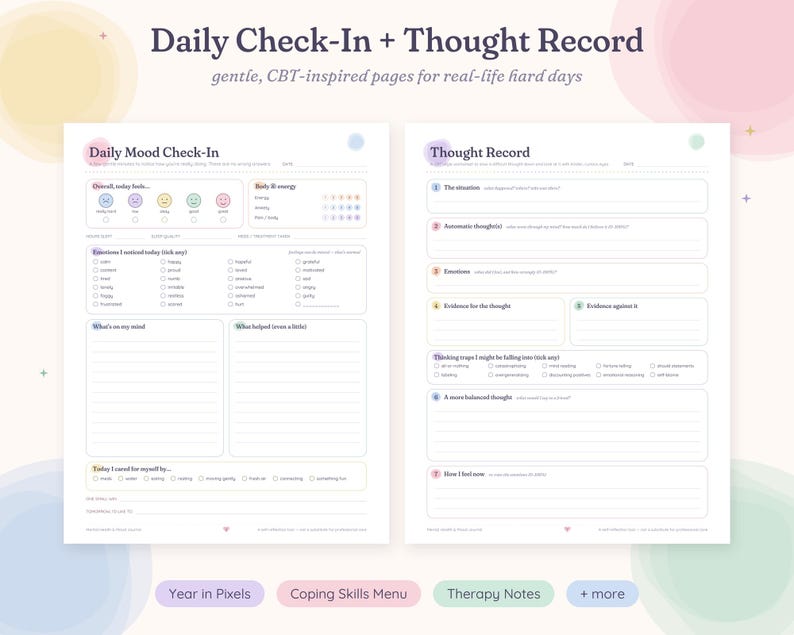 May include: Two printable pages titled Daily Check-In + Thought Record. The left page features a Daily Mood Check-In with emoji scales and emotion checklists. The right page includes a Thought Record with numbered sections for situation, thoughts, and evidence.