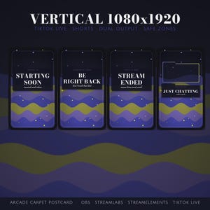 May include: A set of four vertical 1080x1920 digital stream overlays featuring a purple and yellow wavy pattern. The screens display text including STARTING SOON, BE RIGHT BACK, STREAM ENDED, and JUST CHATTING with additional subtext.