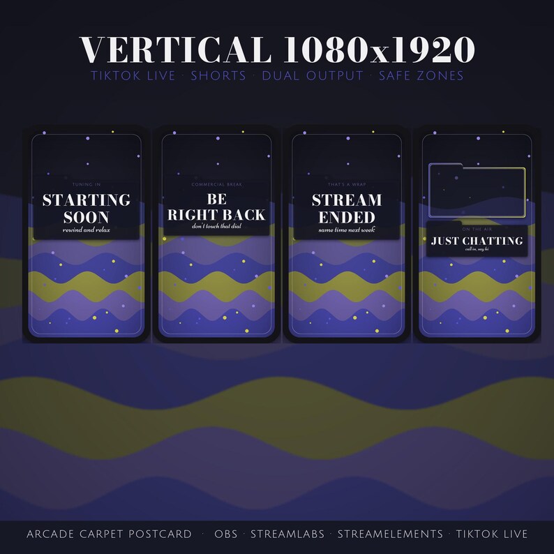 May include: A set of four vertical 1080x1920 digital stream overlays featuring a purple and yellow wavy pattern. The screens display text including STARTING SOON, BE RIGHT BACK, STREAM ENDED, and JUST CHATTING with additional subtext.