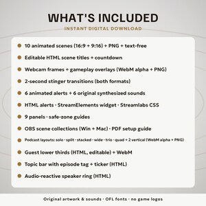 May include: A digital download list titled WHAT'S INCLUDED featuring 10 animated scenes, editable HTML titles, webcam frames, gameplay overlays, stinger transitions, 6 animated alerts with sounds, widgets, panels, OBS collections, and podcast layouts.