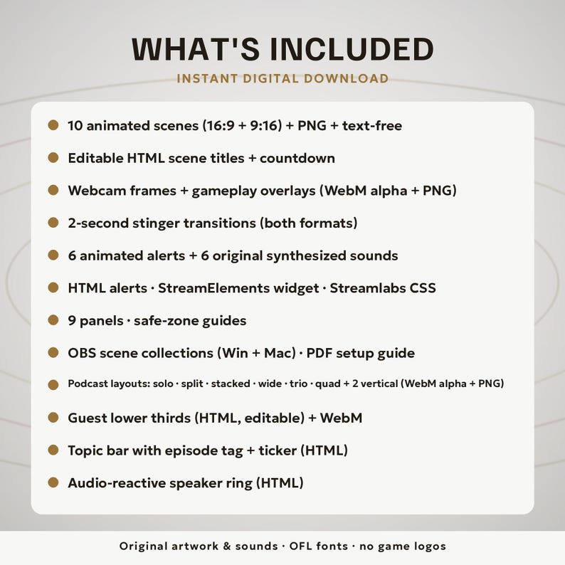 May include: A digital download list titled WHAT'S INCLUDED featuring 10 animated scenes, editable HTML titles, webcam frames, gameplay overlays, stinger transitions, 6 animated alerts with sounds, widgets, panels, OBS collections, and podcast layouts.