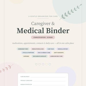 K&ouml;nnte beinhalten: Ein Pflege- und Medizinordner mit 35 Seiten. Das Deckblatt enth&auml;lt den Text A GENTLE ORGANIZER FOR CARE, medications, appointments, contacts & daily care sowie Abschnitte f&uuml;r Notfallinformationen, Vitalwerte und Ausgaben.