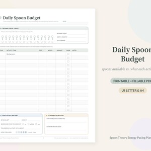 May include: A Daily Spoon Budget planner page featuring a section for tracking daily energy levels with spoon icons, a task table with columns for time, activity, cost, boost, balance, done, and notes, plus end-of-day balance and learning sections.