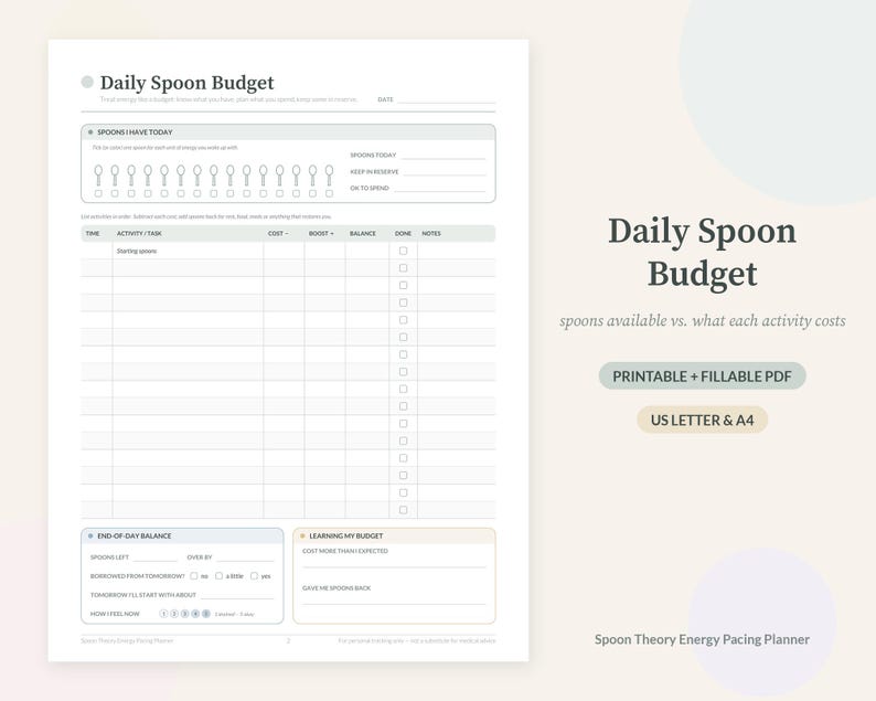 May include: A Daily Spoon Budget planner page featuring a section for tracking daily energy levels with spoon icons, a task table with columns for time, activity, cost, boost, balance, done, and notes, plus end-of-day balance and learning sections.