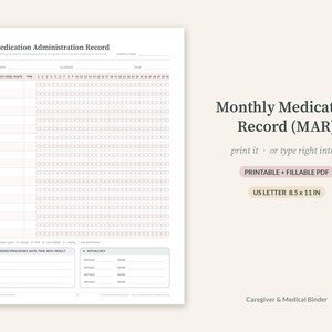 K&ouml;nnte beinhalten: Ein druckbares und ausf&uuml;llbares Medikamenten-Verabreichungsprotokoll (MAR) im Format 21,59 x 27,94 cm. Das Formular enth&auml;lt ein Raster zur Erfassung von Medikamenten, Dosierung, Verabreichungsweg und Uhrzeit sowie Abschnitte f&uuml;r Bedarfsmedikation.