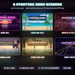 Puede incluir: Una colecci&oacute;n de seis pantallas digitales de inicio para streaming, con temas titulados Neon Vice, Coastline Heat, Wanted After Dark, Marina Glow, Everglades Run y Night Circuit, cada una con gr&aacute;ficos de paisaje y texto &uacute;nicos.