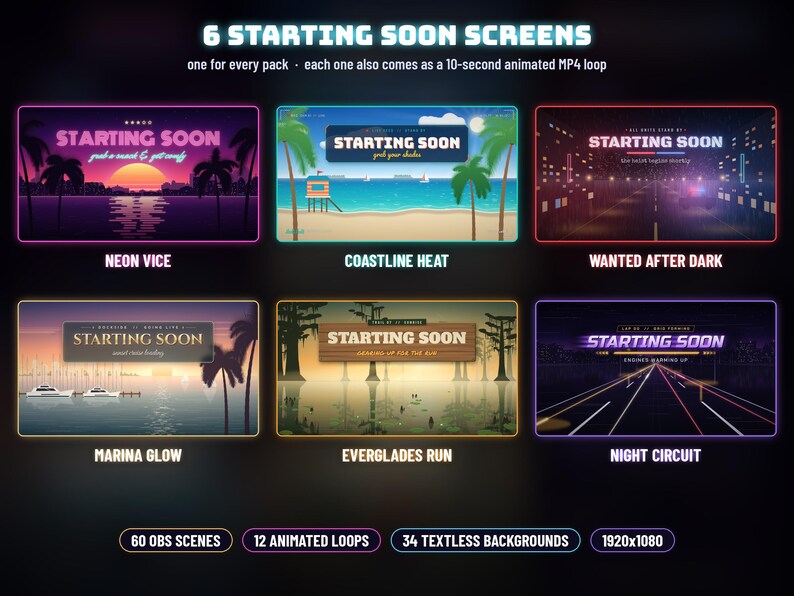 Puede incluir: Una colecci&oacute;n de seis pantallas digitales de inicio para streaming, con temas titulados Neon Vice, Coastline Heat, Wanted After Dark, Marina Glow, Everglades Run y Night Circuit, cada una con gr&aacute;ficos de paisaje y texto &uacute;nicos.